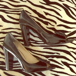 Black patent leather peep toe heel